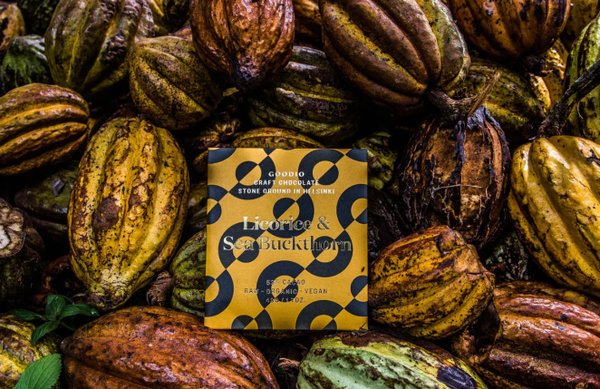 Lakrits&havtorn -GOODIO chokladplatta 48g MADE IN FINLAND Vegan Glutenfri Mjölkfri ekologisk