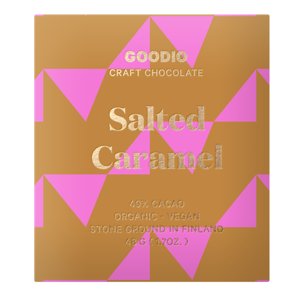 Salted Caramel -GOODIO suklaalevy 48g MADE IN FINLAND Vegan Gluteeniton Maidoton luomu